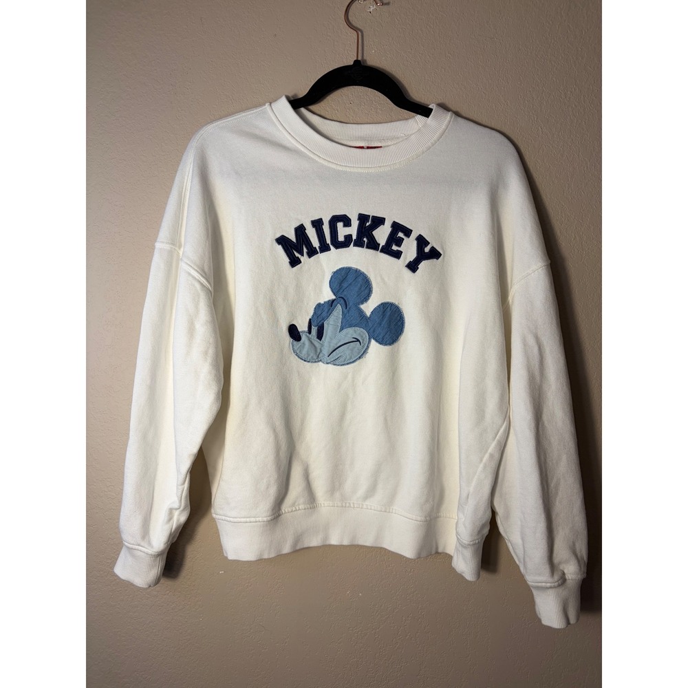 Disney Forever 21 Mickey Mouse Patchwork Sweatshirt Cream XS Crew Neck Pullover